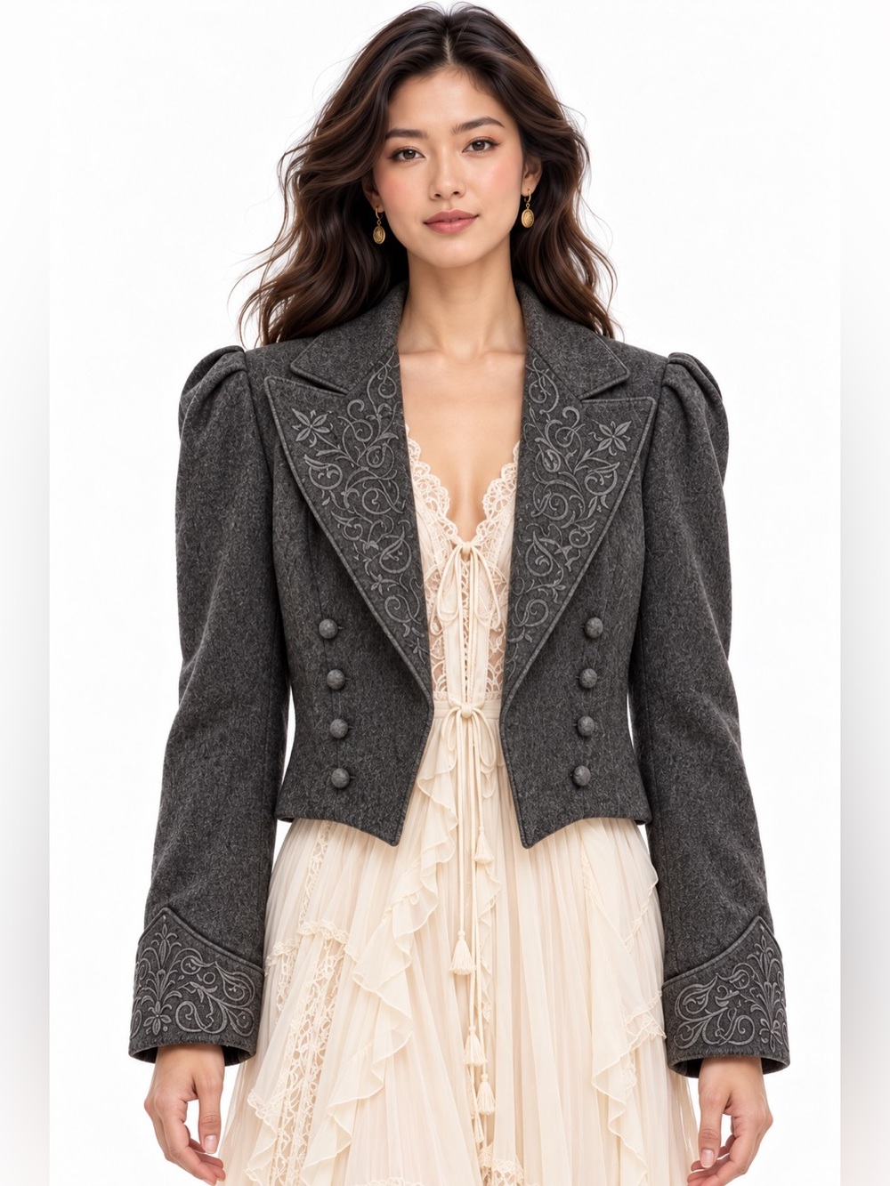 Escada Vintage Charcoal Wool Embroidered Cropped Open Front Puff Shoulder Jacket